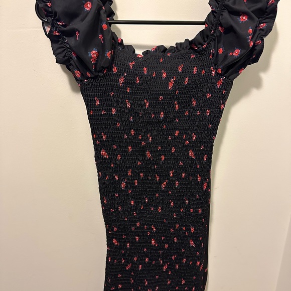 Navy blue with red flower cap-sleeve mini dress with smocking in back. - Picture 2 of 3
